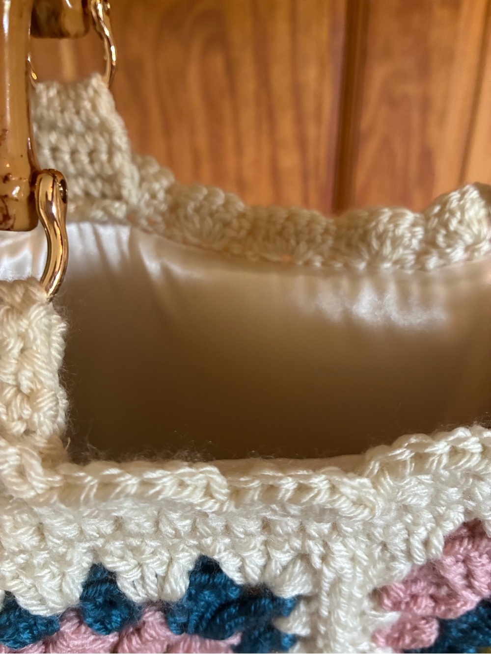 Handmade Crochet Square Tote Bag with Bamboo Handles - Cream Multi - Picture 5 of 5